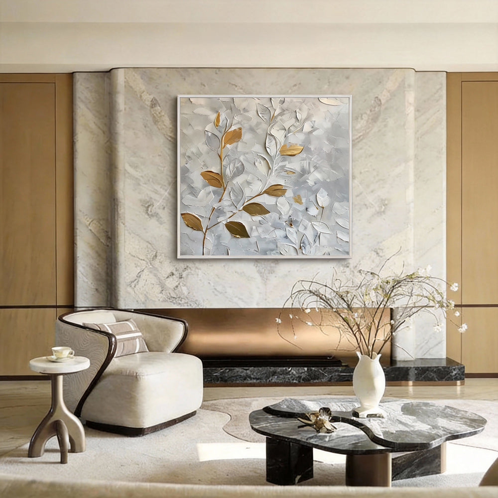 Still Veins– Hand-Painted Textured Floral Oil Painting Wall Art in White and Gold-square canvas