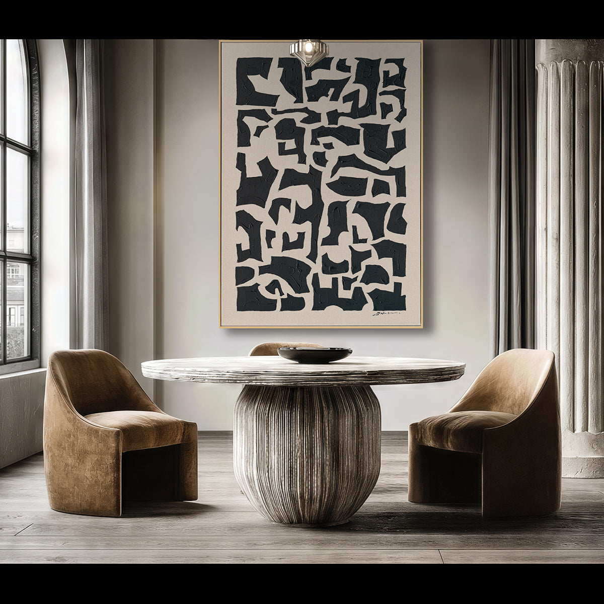 Black Geometric Textures Hand-Painted Abstract Canvas Wall Art