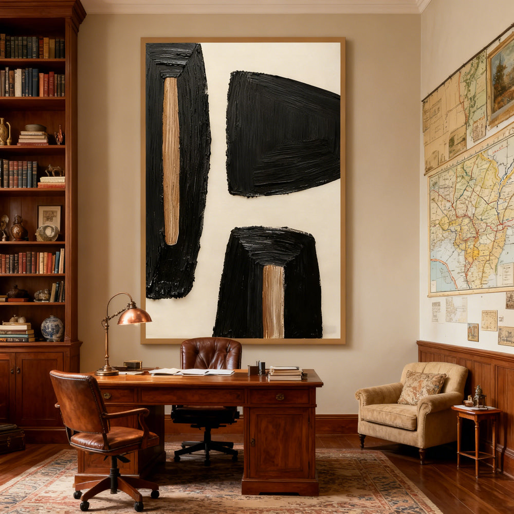 Geometric Noir Texture Forms – Modern Minimalist Style Handmade Abstract Oil Painting Wall Art