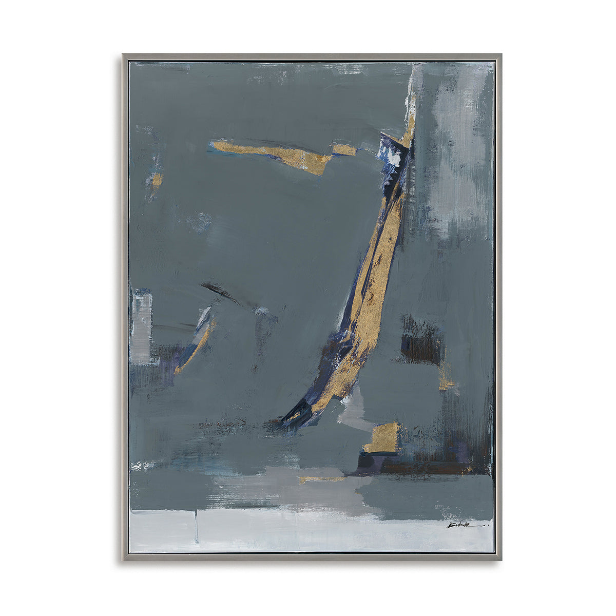 Minimalist abstraction in muted greys and gold creates balance, mystery, and sophistication