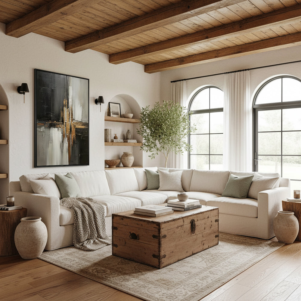 Handcrafted Elegance Golden Glow and Ink Shadow Harmony Painting