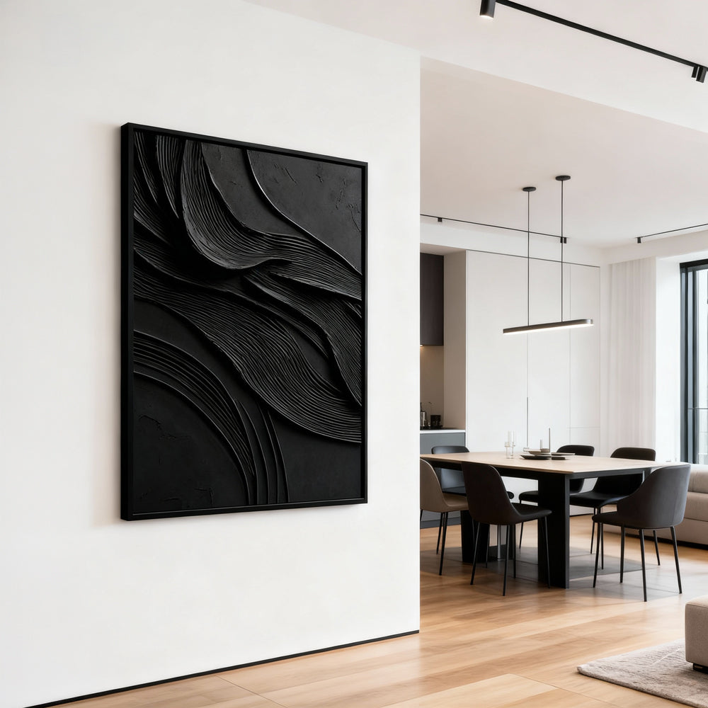 Black Textured Waves Theme Painting – Minimalist Abstract Style Handmade Oil Painting Wall Art