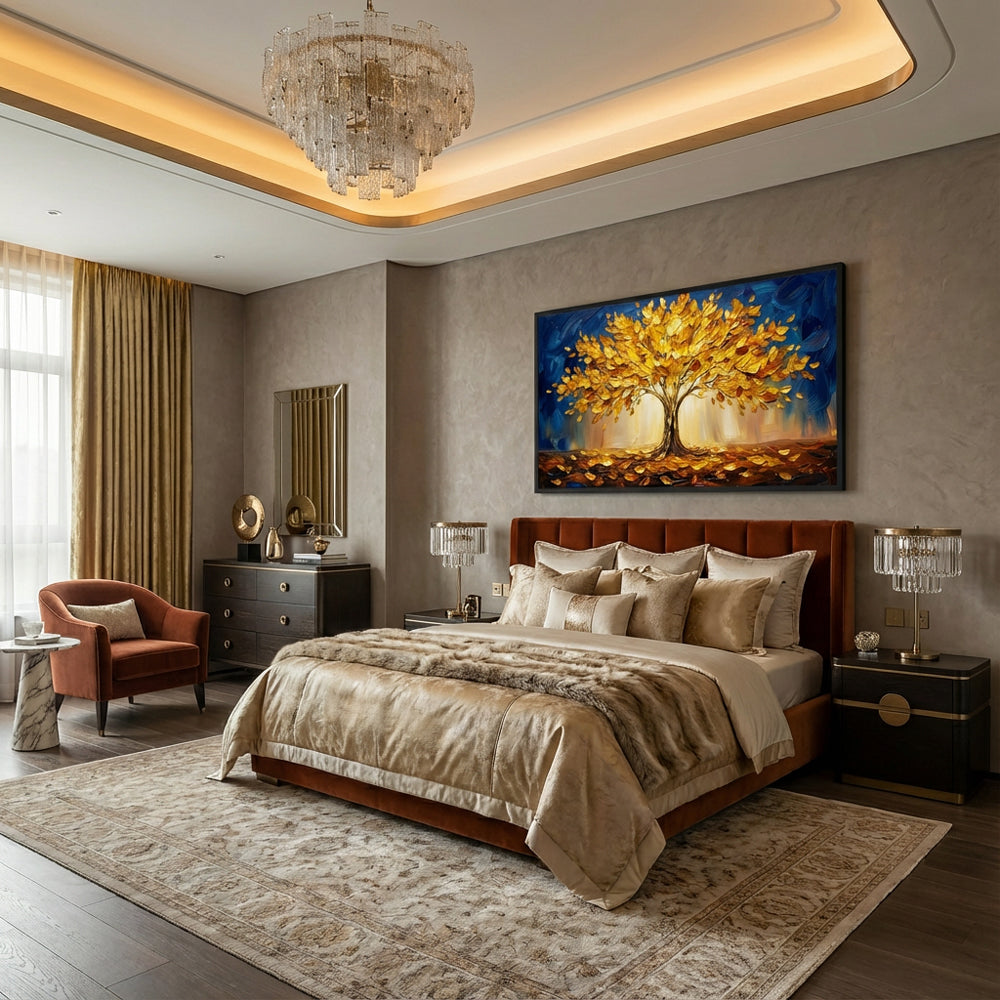 Golden Canopy Dreams | Contemporary Abstract Tree Style Hand-Painted Oil Painting Wall Art