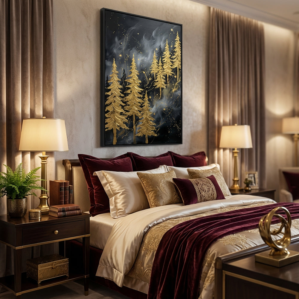 Golden Whispering Pines – Abstract Metallic Forest Oil-Style Artwork Handcrafted Painting