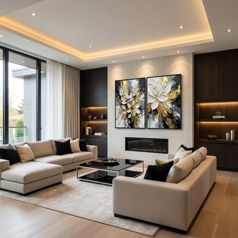 Golden Bloom Harmony | Abstract Floral Style Hand-Painted Oil Painting Wall Art (set of 2)