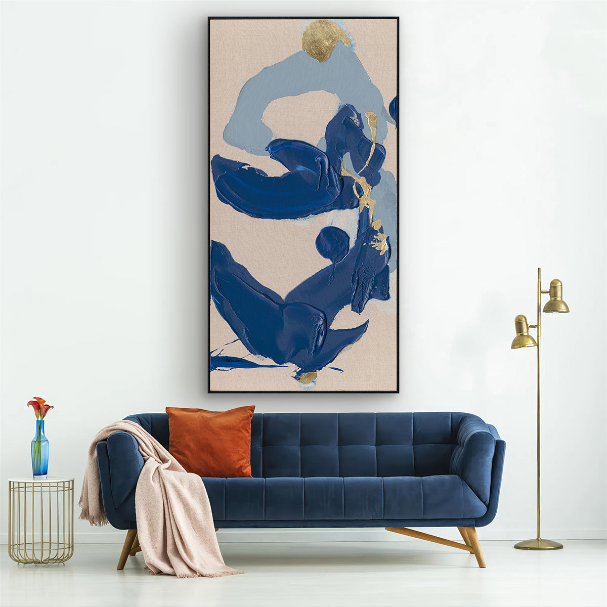 Hand-Painted Abstract Canvas Bold Navy Blue Brushstrokes with Gold Accents