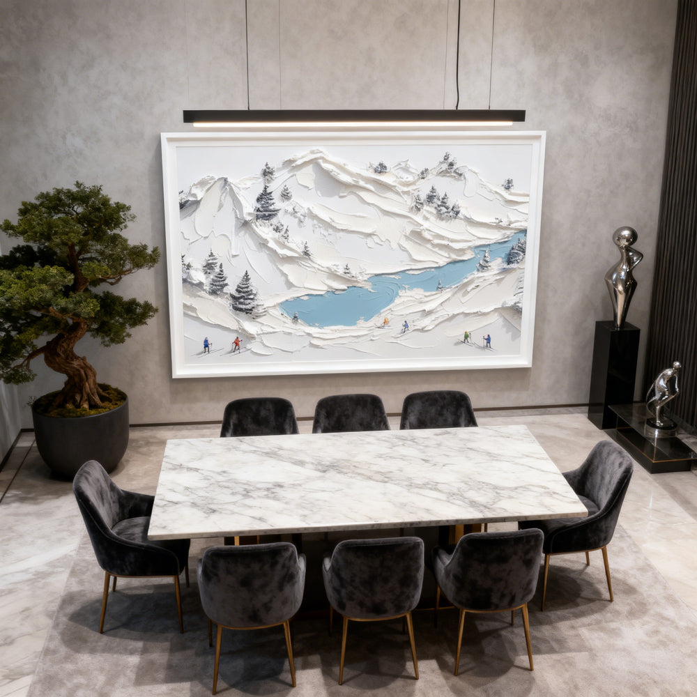 Winter Expedition – Handcrafted Palette Knife Painting, Snowy Mountain Landscape, Skiers in the Alps