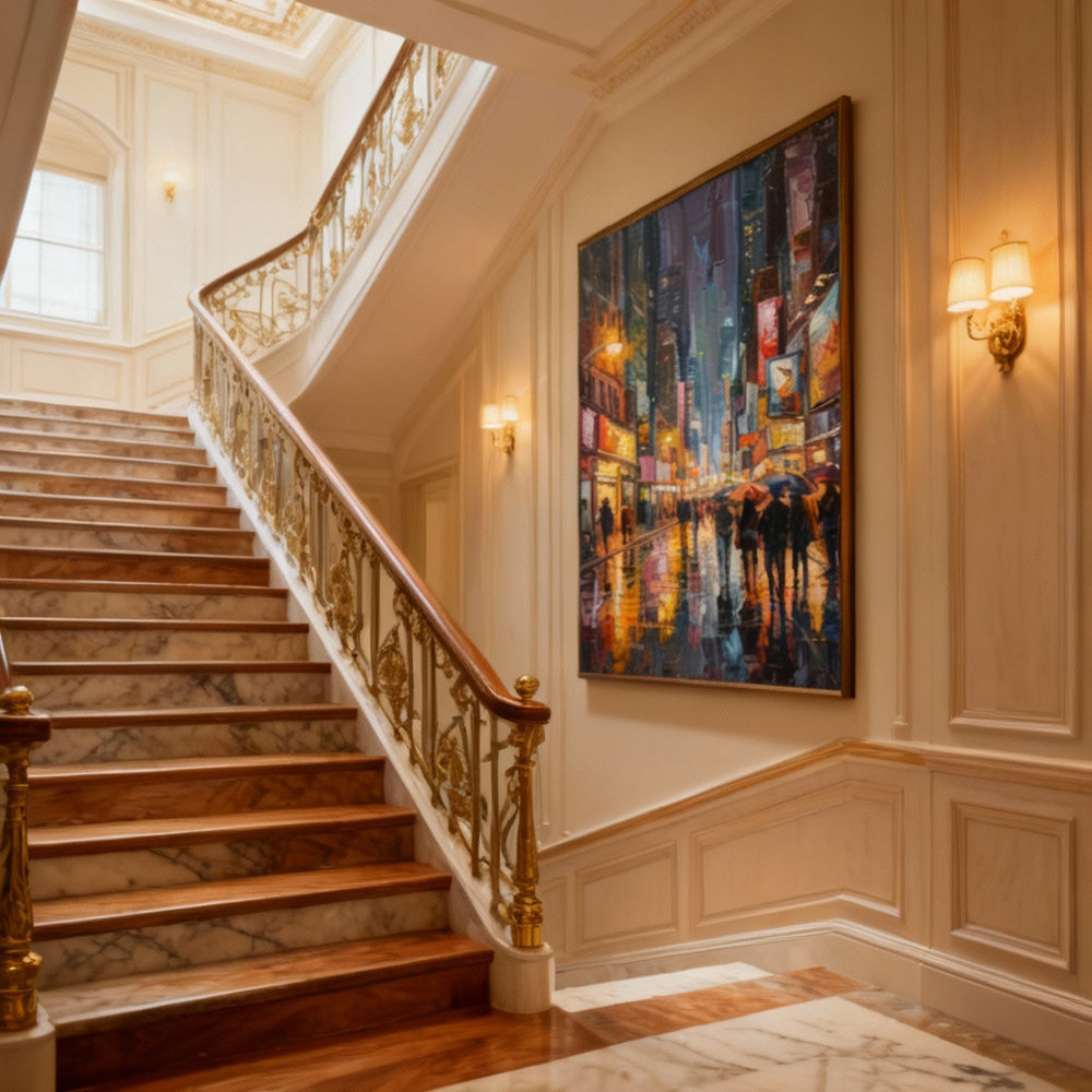 City Lights After Rain — Modern Impressionist Hand-Painted Oil Painting Wall Art