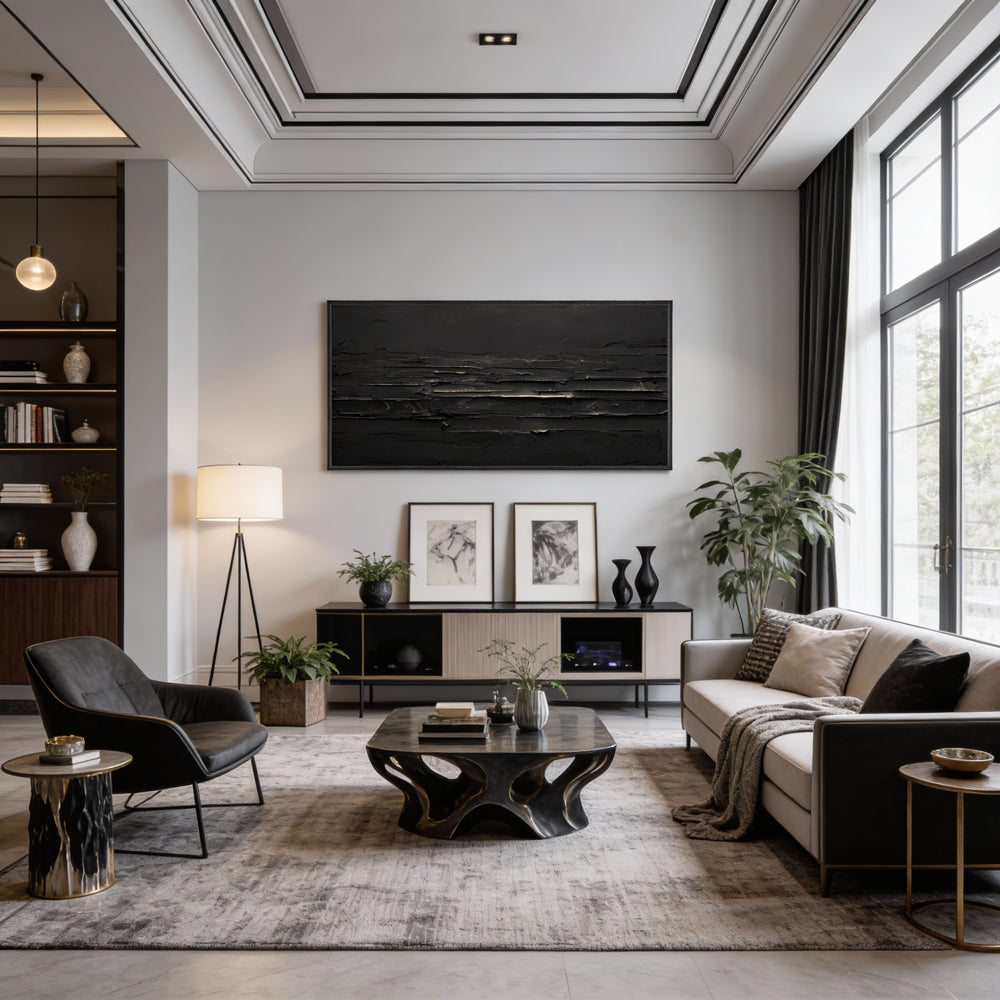 Midnight Horizon – Minimalist Abstract Texture Painting, Handmade Oil Wall Art for Modern Interior Decoration