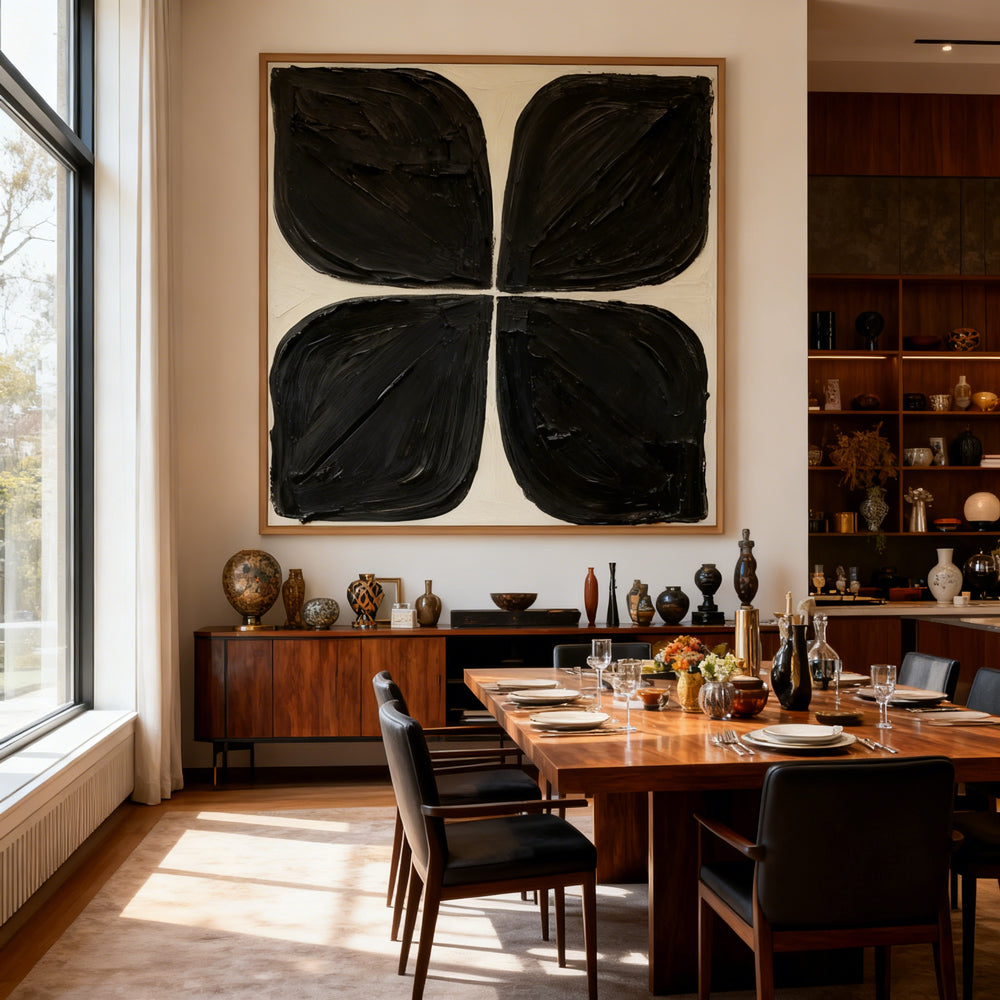 Black Quad Form Texture Art – Minimalist Abstract Style Handmade Oil Painting Wall Art