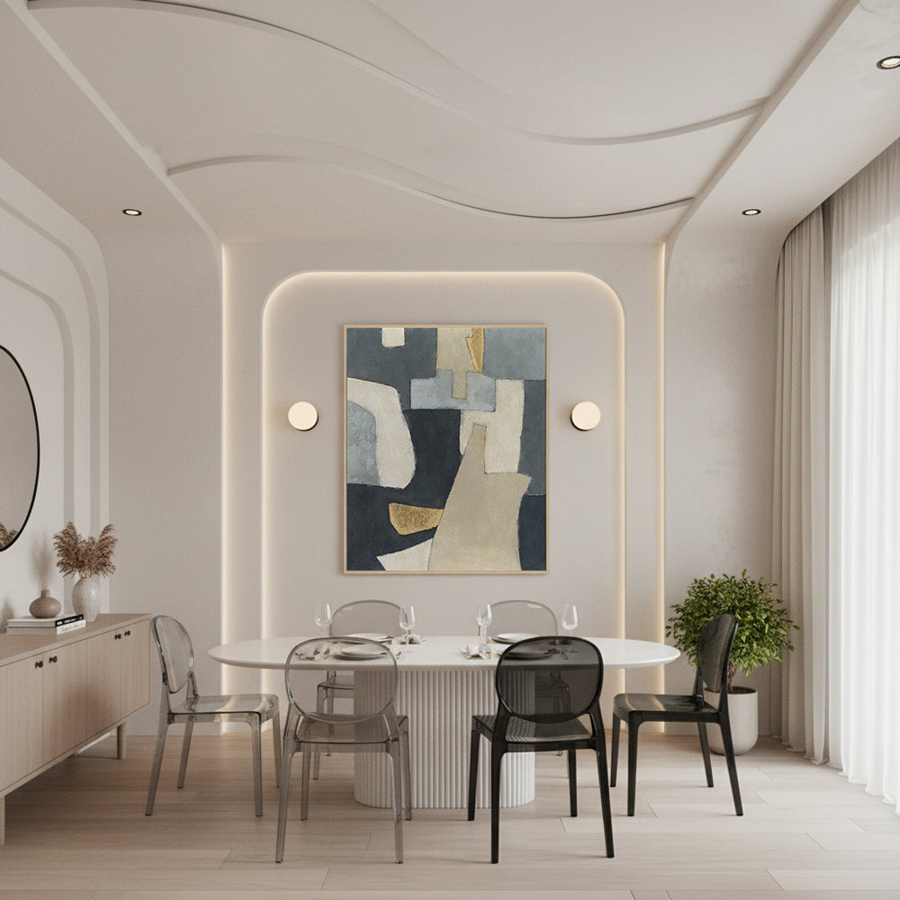 Handmade Abstract Geometric Wall Art – Gray, Beige and Gold Modern Painting