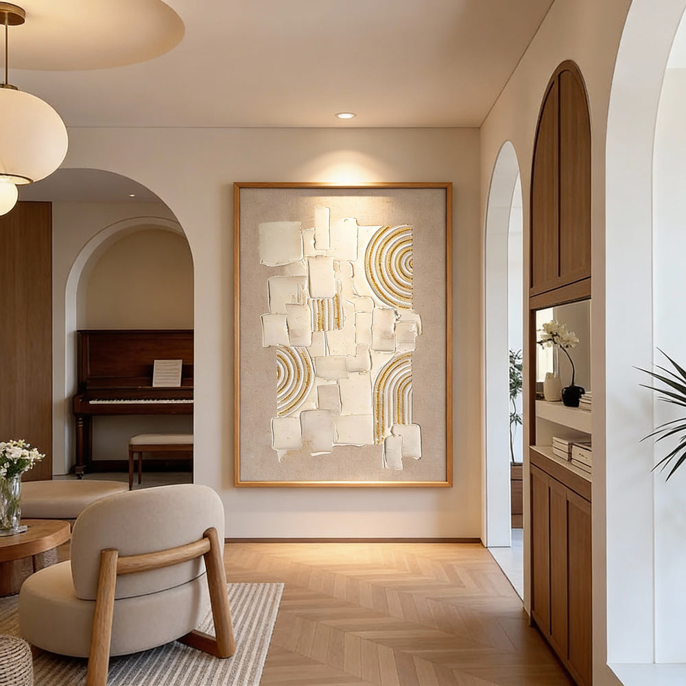 Original hand-painted texture art, merging plaster blocks with golden arcs, minimalist yet full of artistic tension.