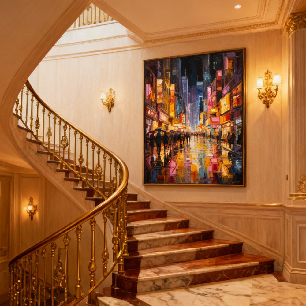 Neon Rain Street — Contemporary Expressionist Hand-Painted Oil Painting Wall Art