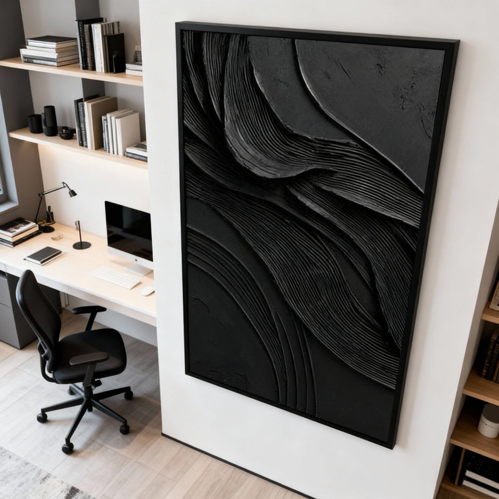 Black Textured Waves Theme Painting – Minimalist Abstract Style Handmade Oil Painting Wall Art