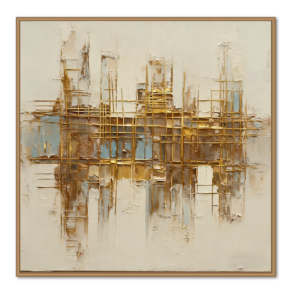 Golden Grid Structure Theme Painting – Modern Abstract Style Handmade Texture Wall Art
