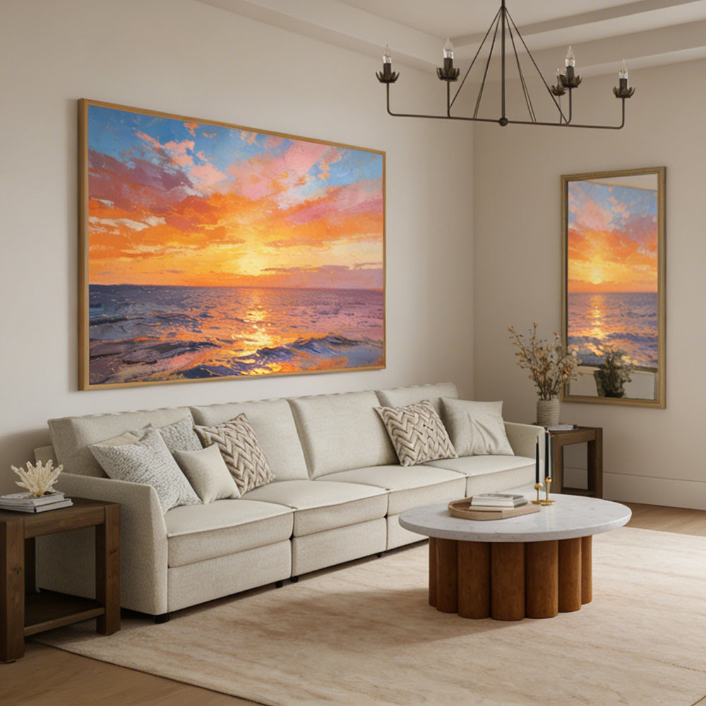 Golden Sunset Reflections – Contemporary Impressionist Hand-Painted Ocean Oil Painting Wall Art