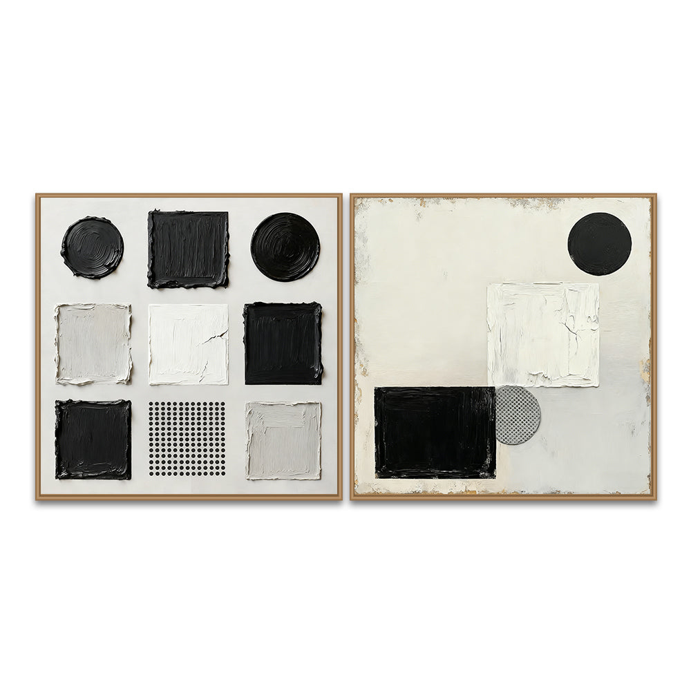 Black & White Geometric Shapes Theme Painting – Modern Abstract Style Handmade Texture Wall Art (Set of 2)