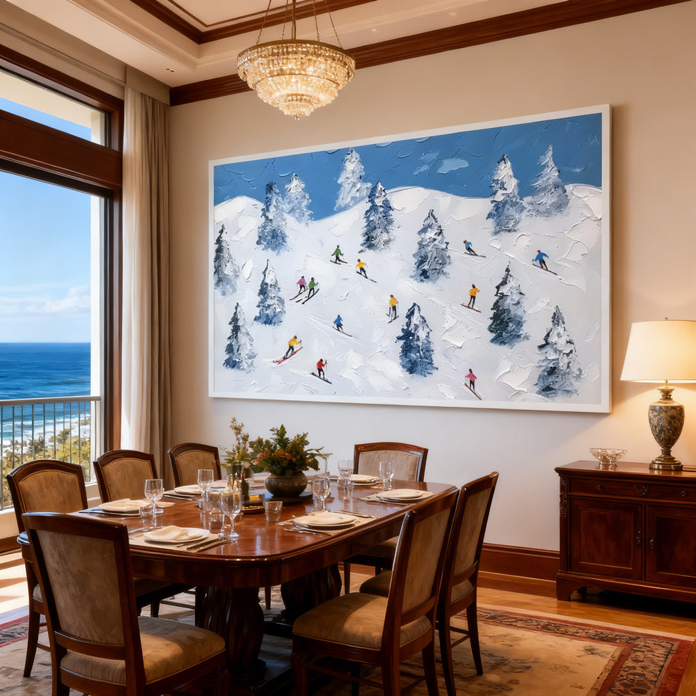Winter Ski Adventure – Modern Impasto Style Handmade Oil Painting Wall Art