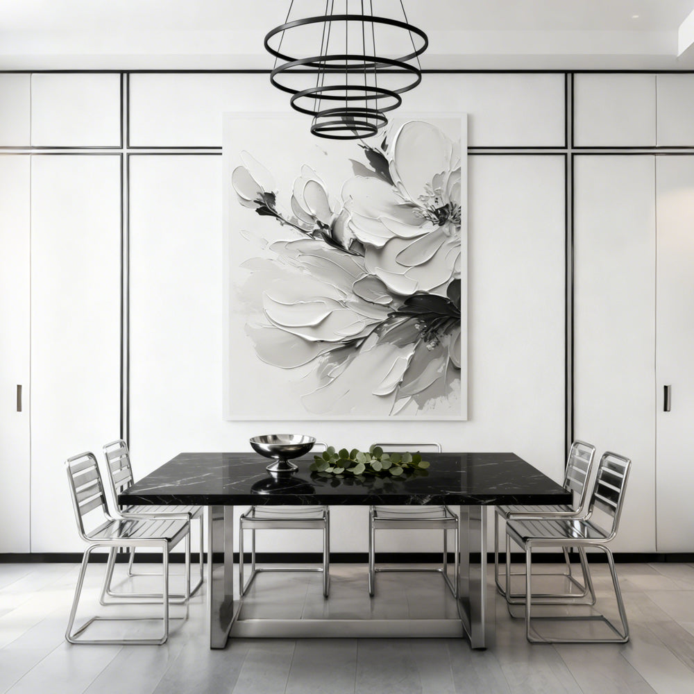 Monochrome Blossom Texture Art – Minimalist Impressionistic Floral Style Handmade Oil Painting Wall Art