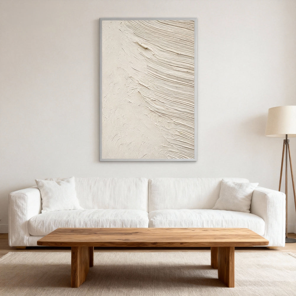 Coastal Rhythm: Ivory Flow – Textured Minimalist Wave Painting Handmade Oil Painting