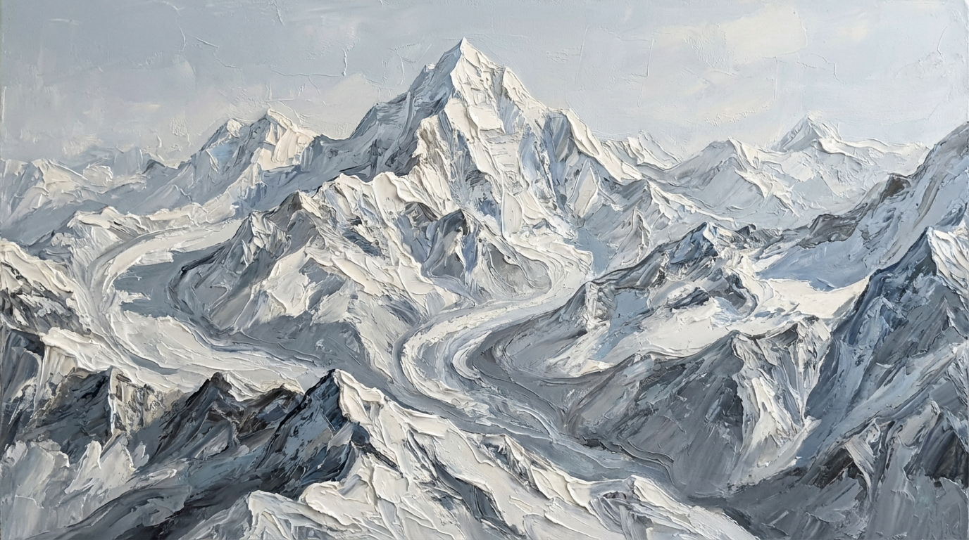 Frozen Rivers of the Summit – Impressionist Snow Mountain Oil-Style Artwork Handcrafted Painting