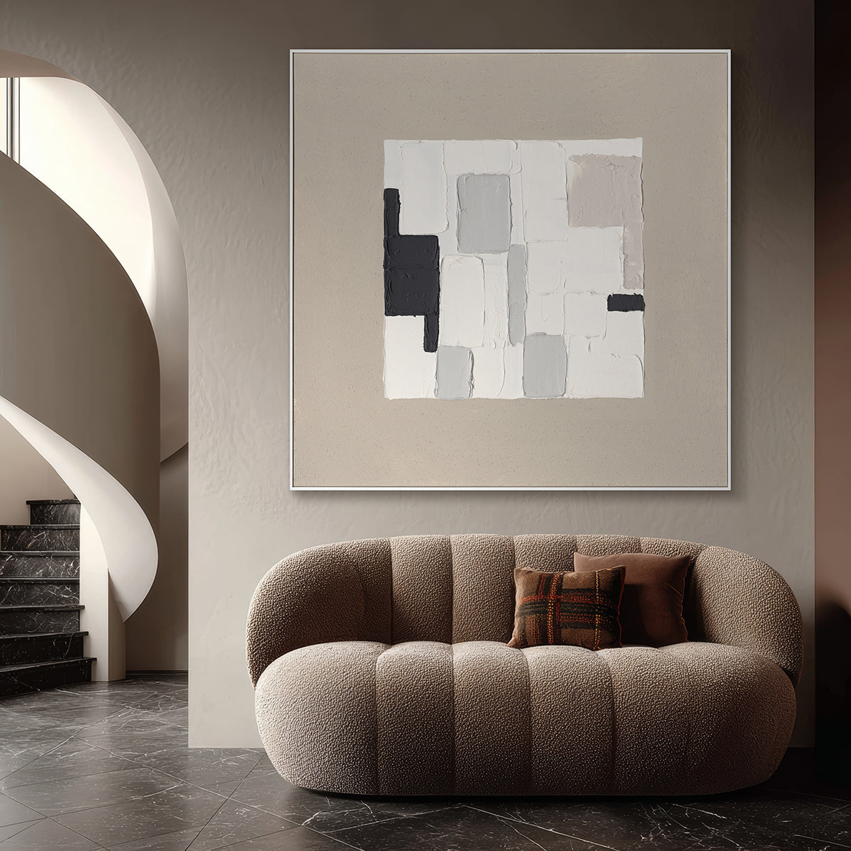 Minimalist blocks in soft neutrals create calm, balance, and timeless abstract elegance