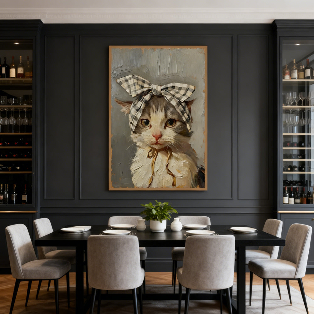 Charming Bow Kitten – Vintage Style Hand-Painted Oil Painting Wall Art