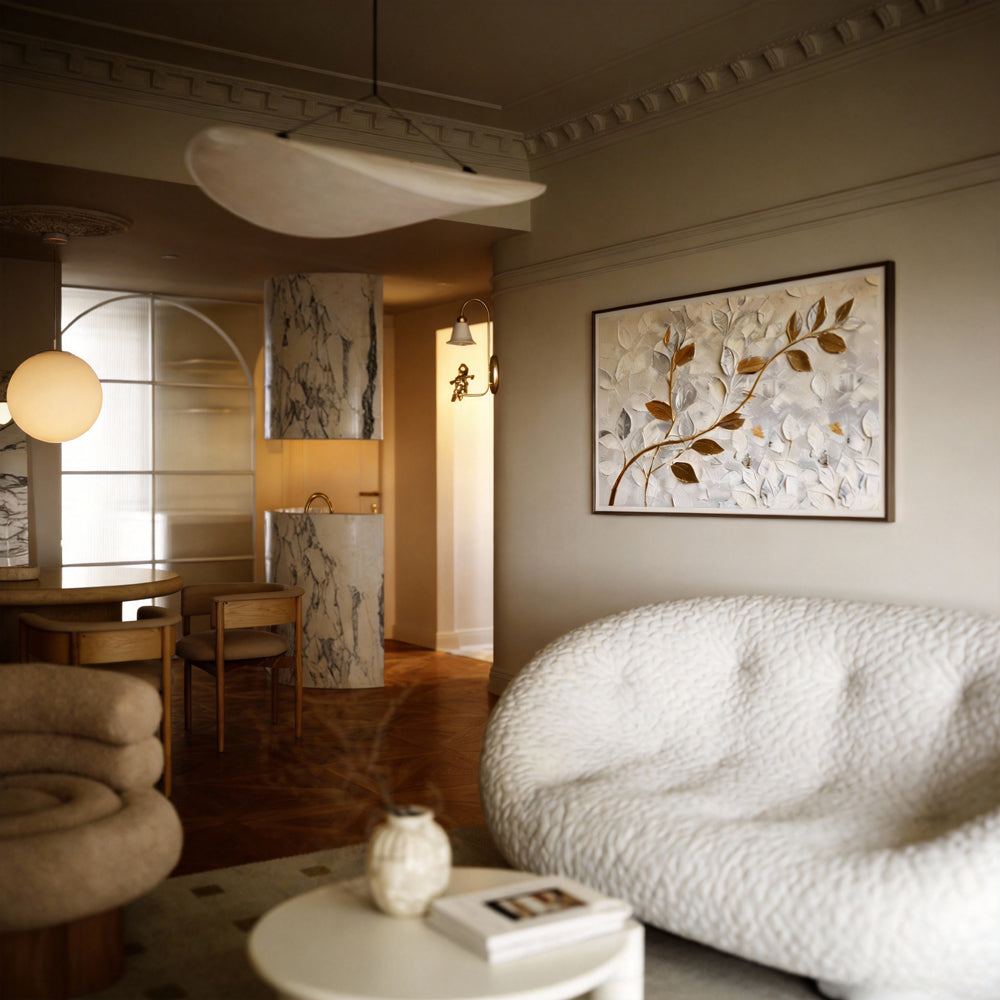 Still Veins– Hand-Painted Textured Floral Oil Painting Wall Art in White and Gold-Landscape Orientation