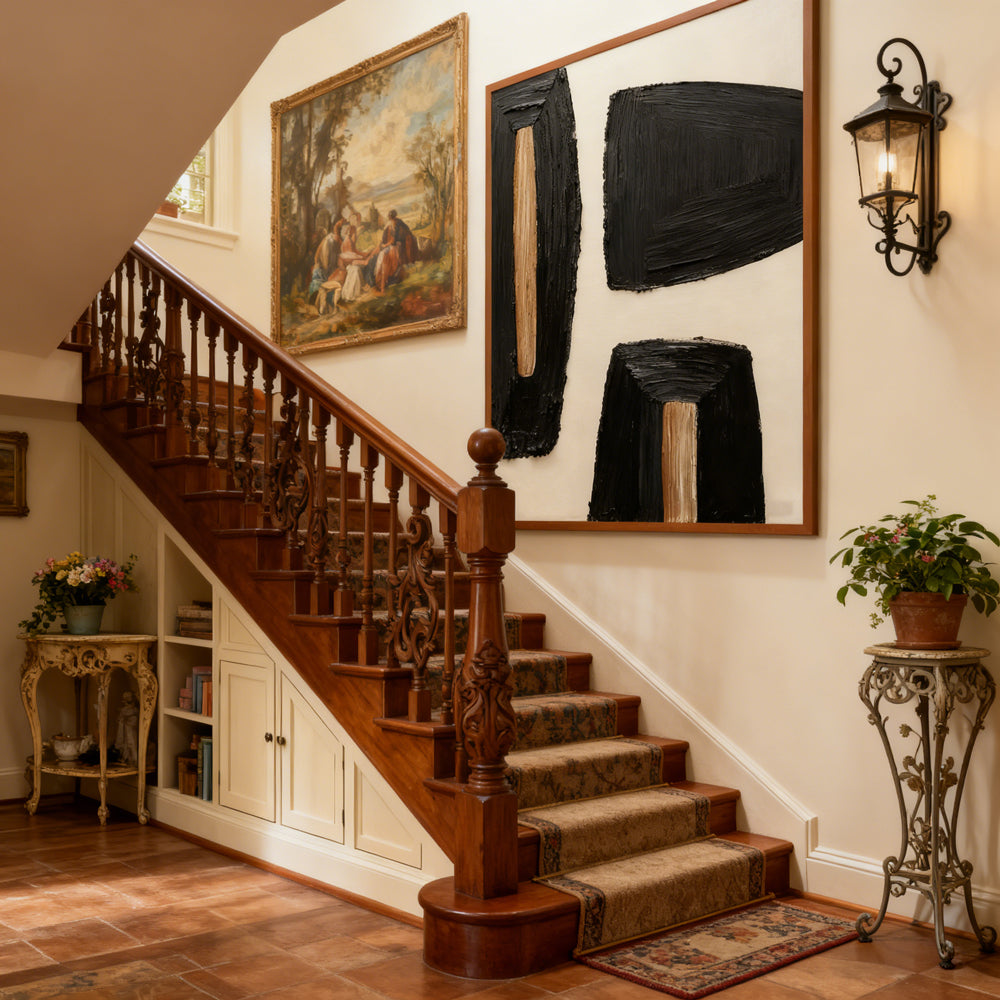 Geometric Noir Texture Forms – Modern Minimalist Style Handmade Abstract Oil Painting Wall Art