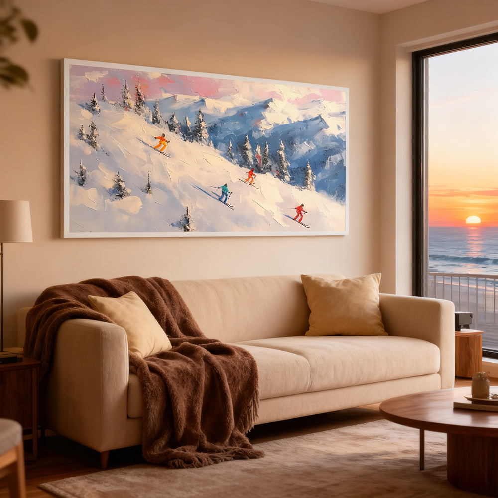 Alpine Sunset Ski Escape – Impressionist Impasto Style Handmade Oil Painting Wall Art