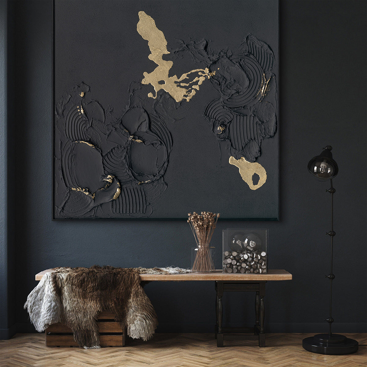 Handmade Abstract Wall Art – Black Textured Painting with Gold Accents