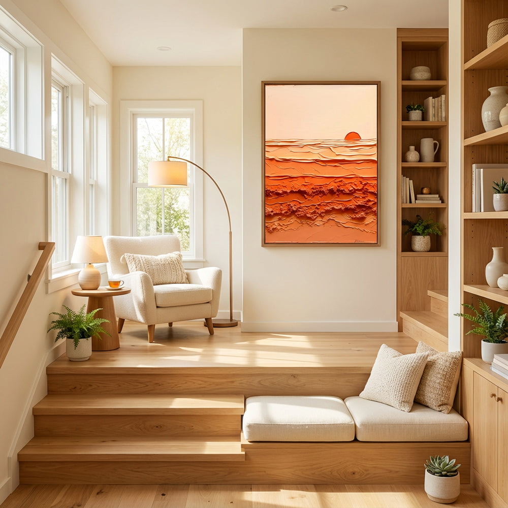 Sunrise Harmony – Abstract Texture Landscape in Warm Orange Tones, Sunset Over Waves