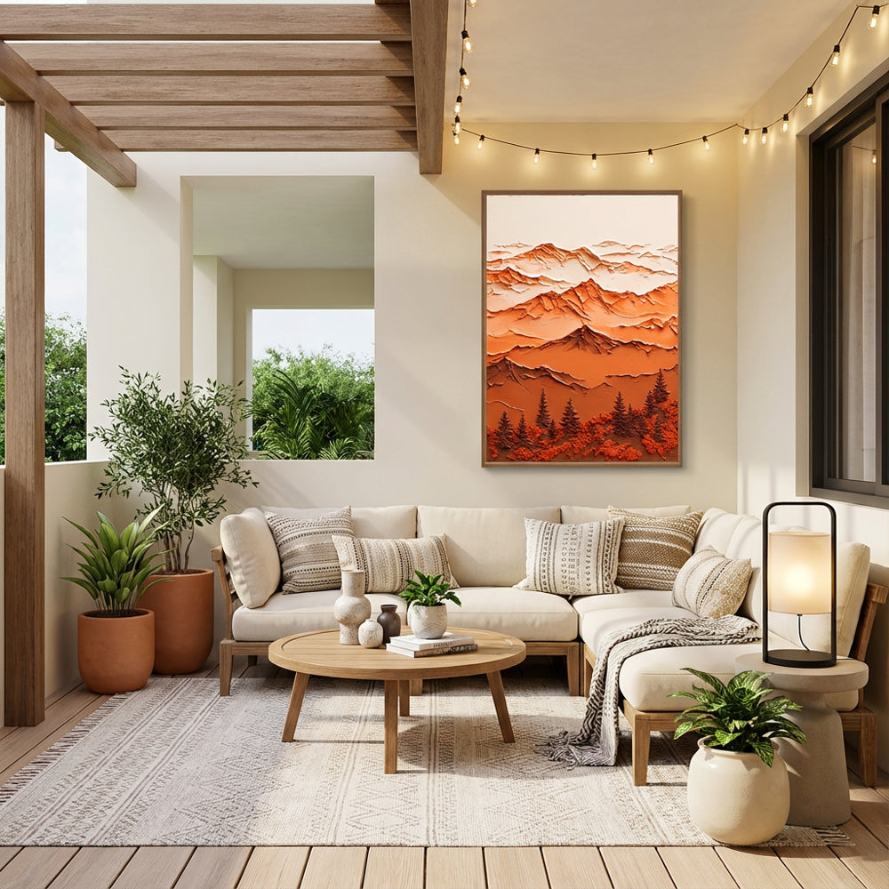 Majestic Mountain Serenity – Abstract Texture Landscape in Warm Earth Tones, Layered Peaks and Forest Elements