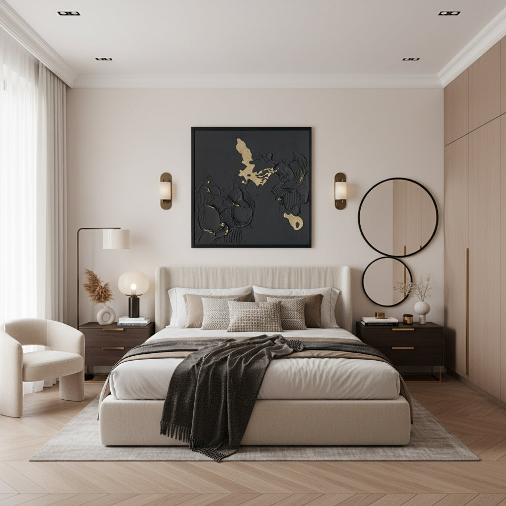 Handmade Abstract Wall Art – Black Textured Painting with Gold Accents