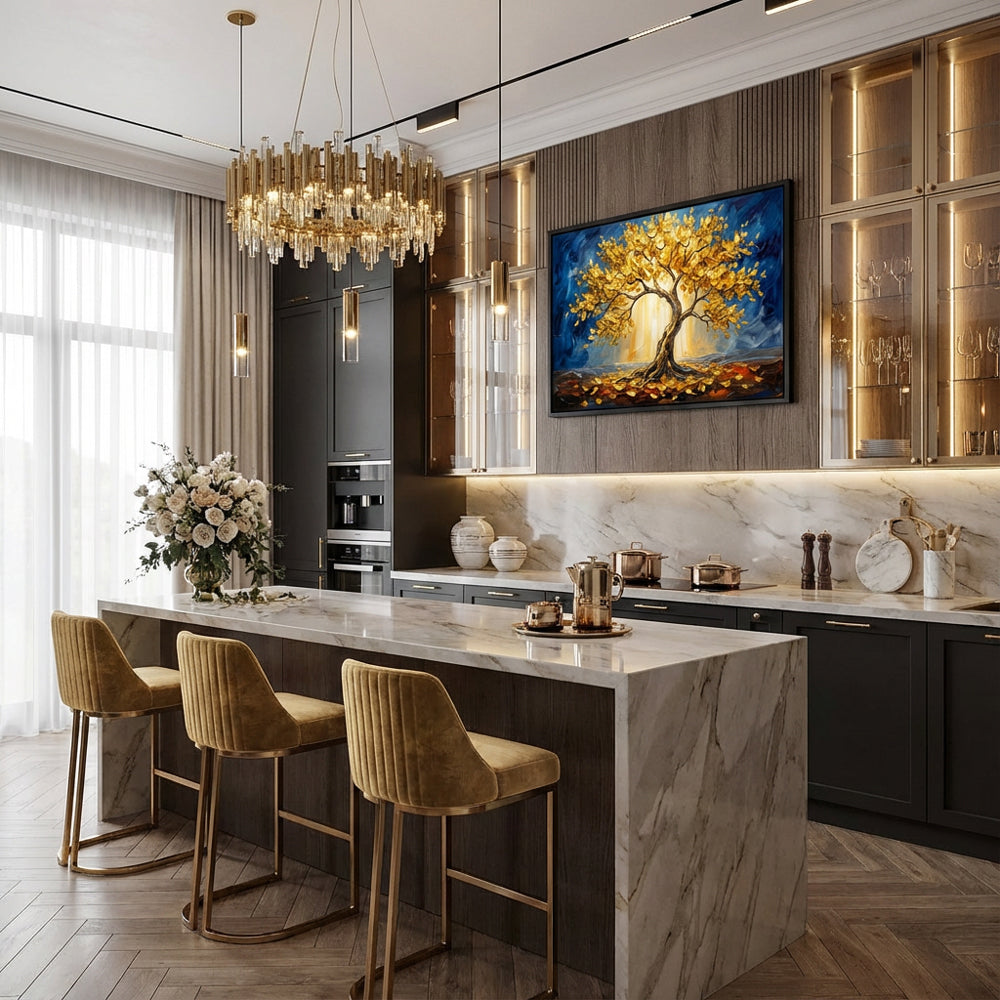 Golden Tree of Light | Modern Abstract Landscape Style Hand-Painted Oil Painting Wall Art