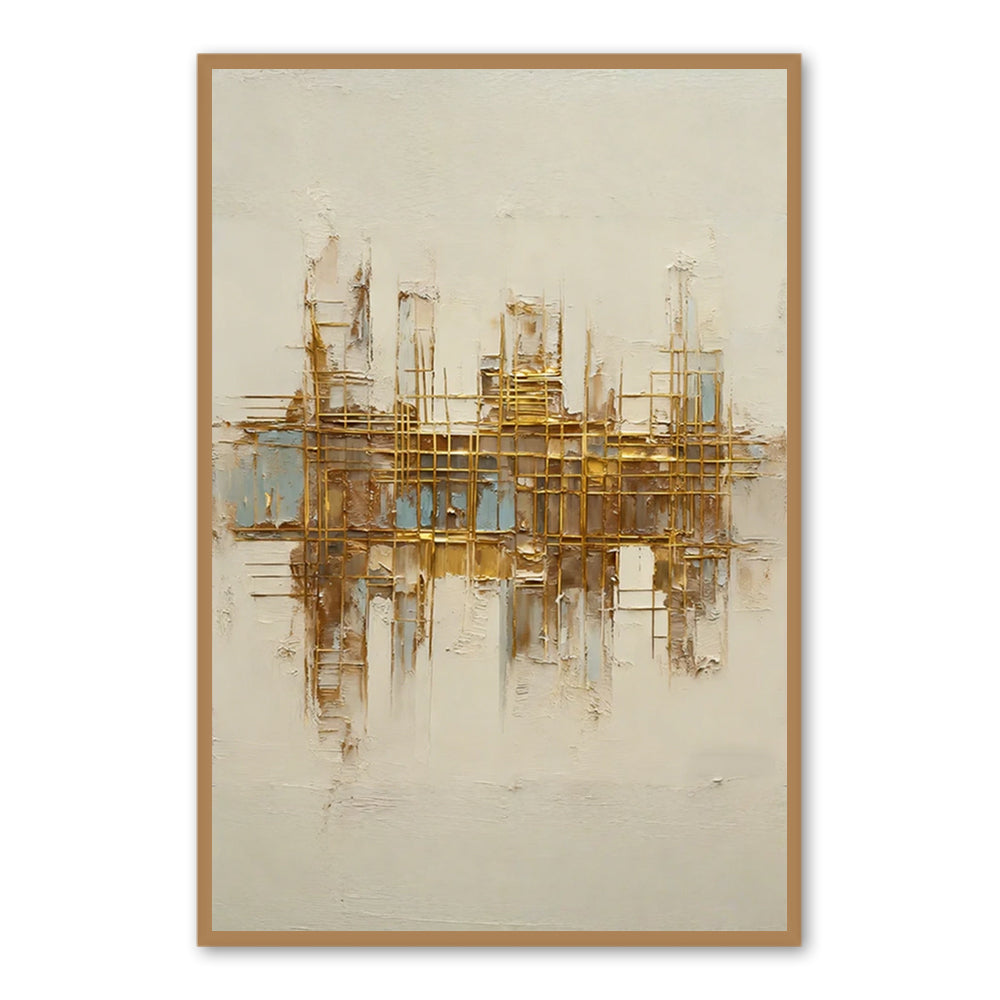 Golden Grid Structure Theme Painting – Modern Abstract Style Handmade Texture Wall Art-Portrait Orientation