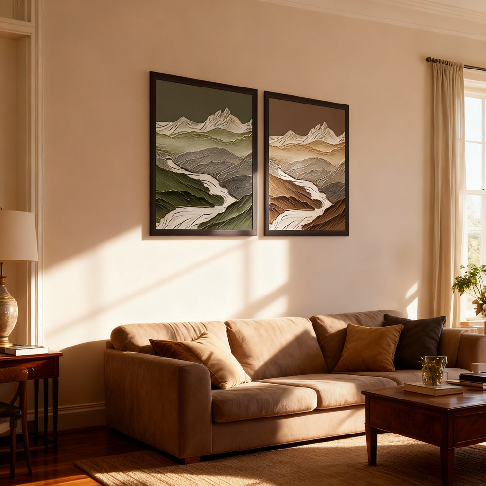 Whispering Peaks – Modern Landscape Texture Painting, Handmade Oil Wall Art for Living Room Decor (Set of 2)