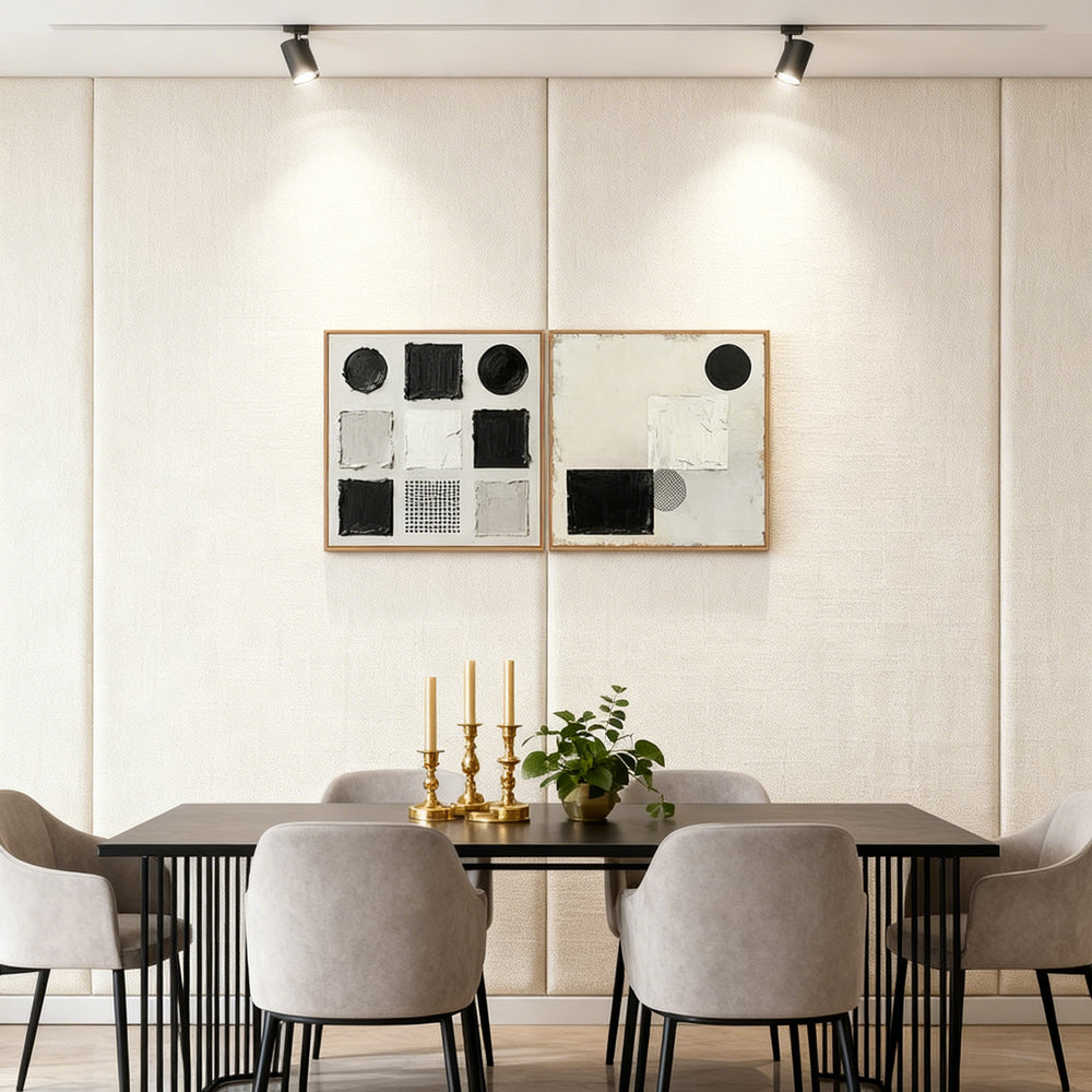 Black & White Geometric Shapes Theme Painting – Modern Abstract Style Handmade Texture Wall Art (Set of 2)