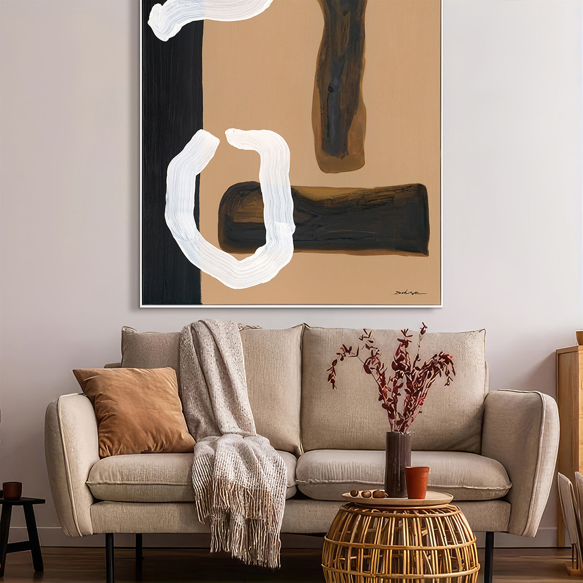 Organic forms meet geometric strength, blending natural warmth with abstract sophistication.