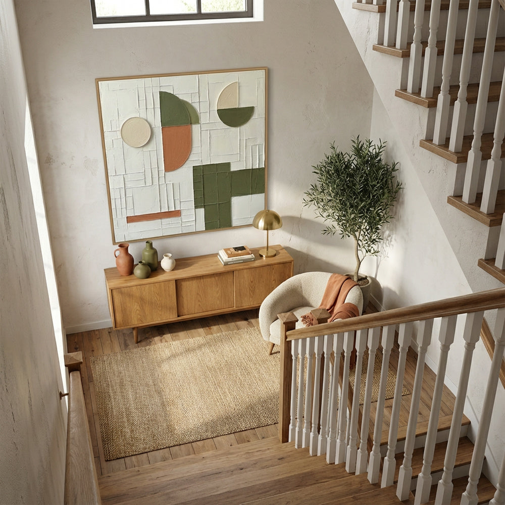 Geometric Abstract Wall Art – Minimalist Textured Design paintings – White, Olive & Terracotta Palette – Shapes & Grid Elements