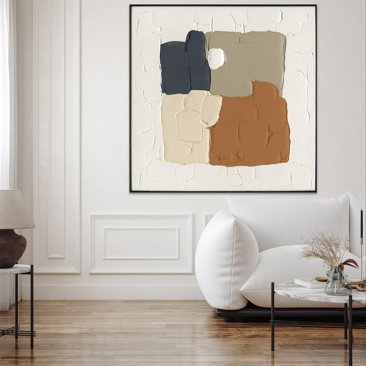 Textured geometry meets serene tones, creating timeless harmony for modern living spaces.