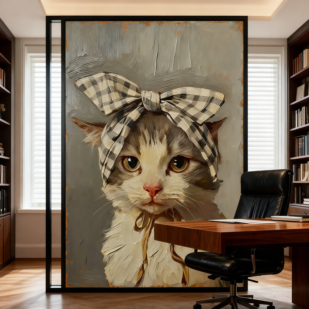 Charming Bow Kitten – Vintage Style Hand-Painted Oil Painting Wall Art