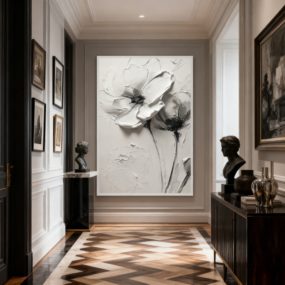 Monochrome Petal Duo Texture Art – Minimalist Impressionistic Floral Style Handmade Oil Painting Wall Art