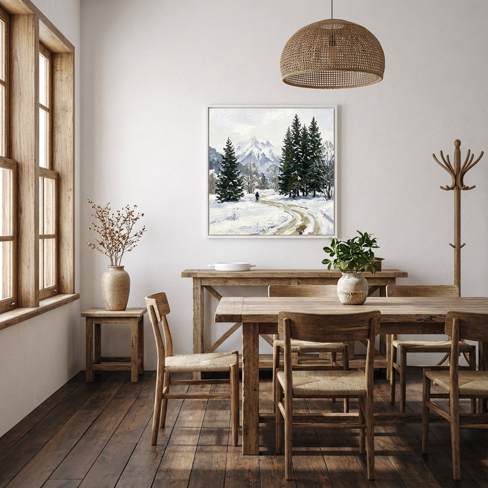 Winter Path Reflections – Impressionist Snowy Forest Landscape Oil-Style Artwork Handcrafted Painting