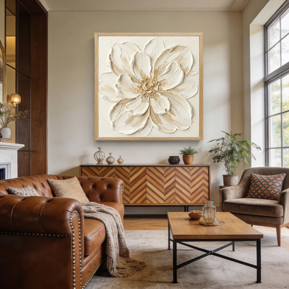 Ivory Bloom Reverie – Modern Textured Floral Hand-Painted Oil Painting Wall Art