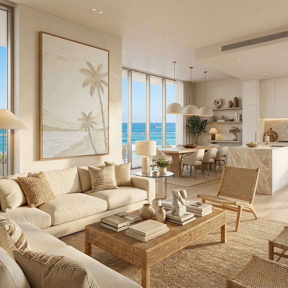 Coastal Palm Whisper | Minimal Textured Seascape Style Hand-Painted Oil Painting Wall Art