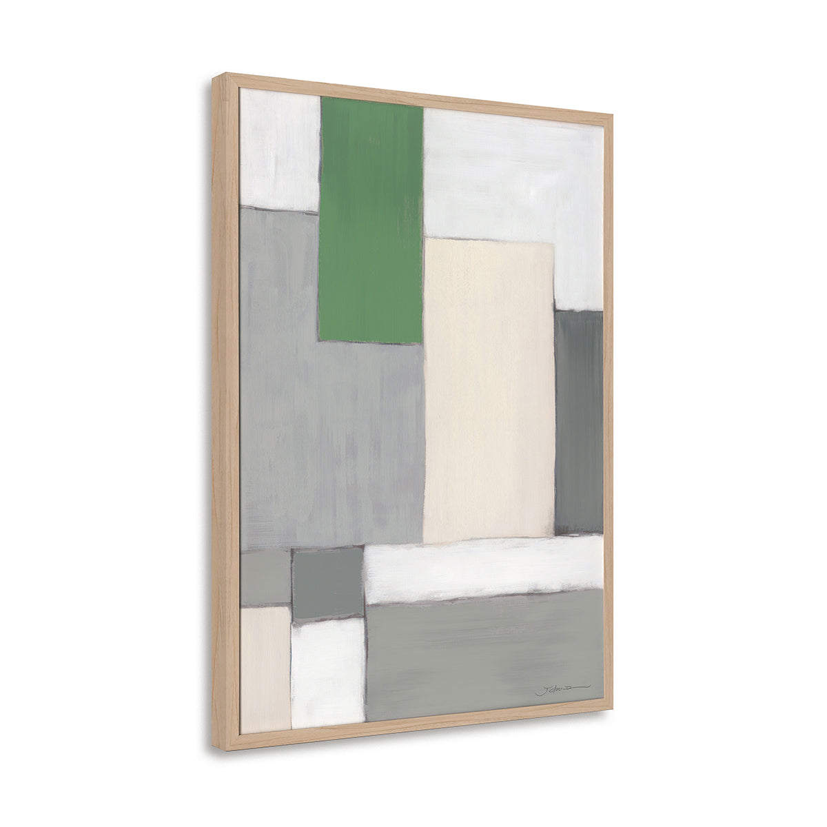 Hand-Painted Canvas Wall Art Geometric Color Block with Green Accent