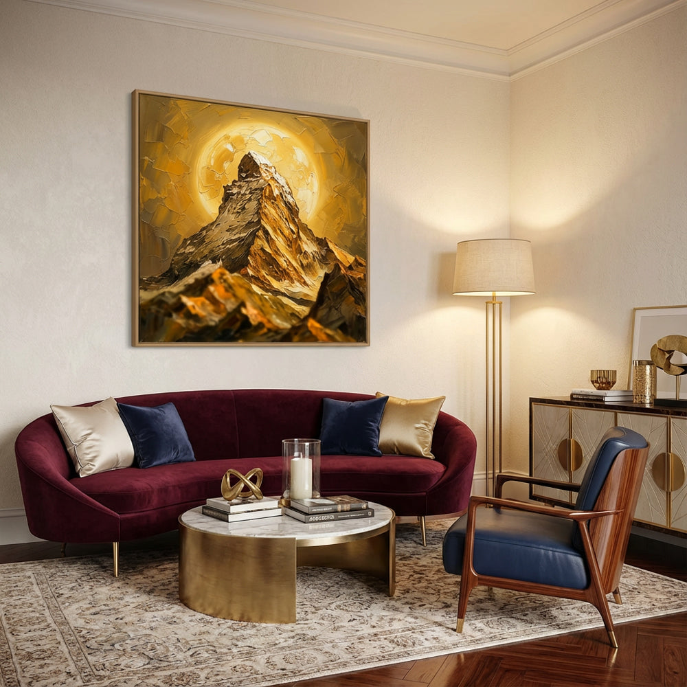 Golden Radiant Summit – Impressionist Textured Mountain Oil-Style Artwork Handcrafted Painting