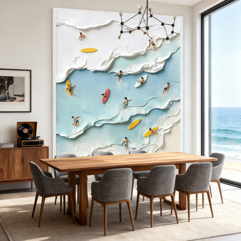 Surfing Coast Joy – Modern Relief Style Handmade Oil Painting Wall Art