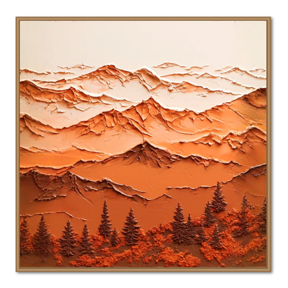 Majestic Mountain Serenity – Abstract Texture Landscape in Warm Earth Tones, Layered Peaks and Forest Elements-square canvas
